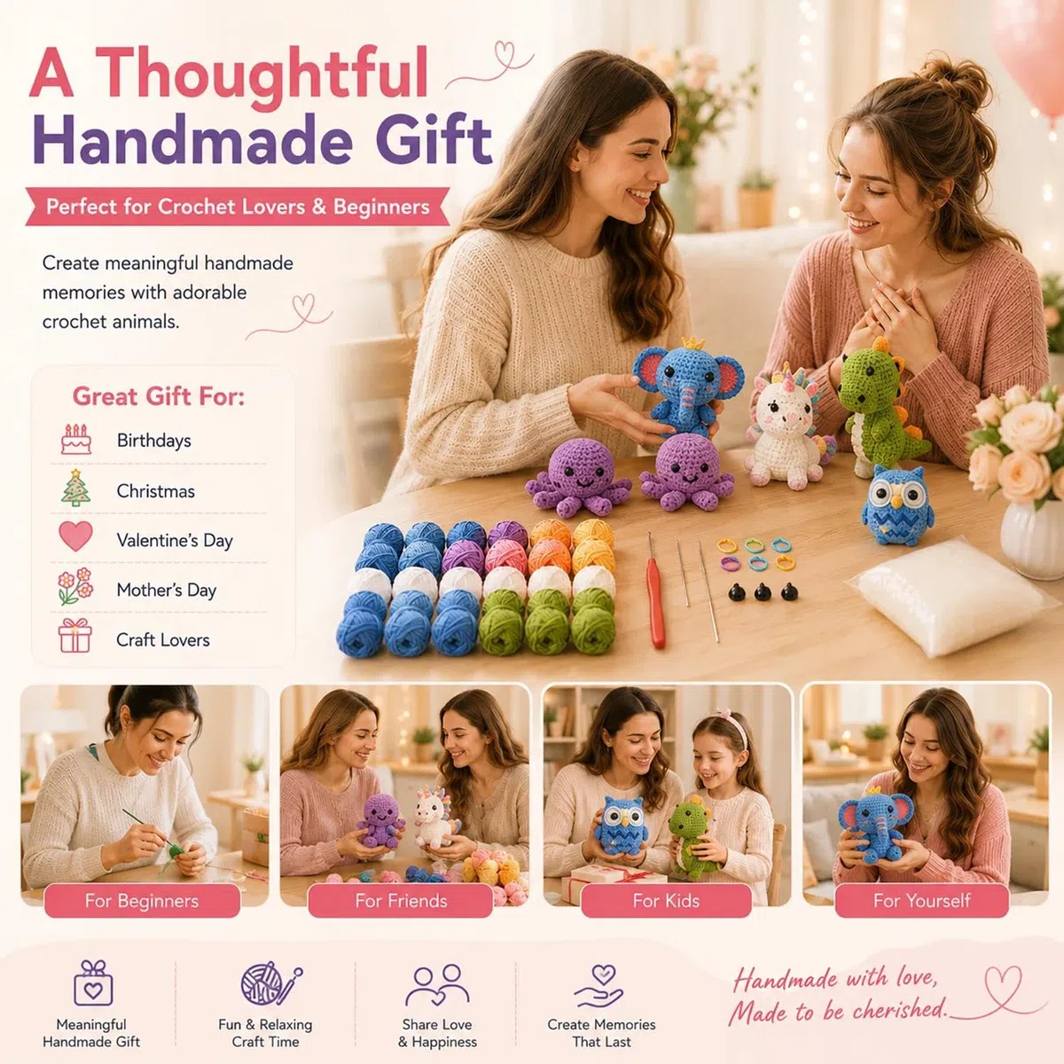 Kit per uncinetto a forma di animale, per principianti e adulti, set completo per realizzare 5 bambole con animali, per imparare a lavorare a maglia, kit con istruzioni e video tutorial