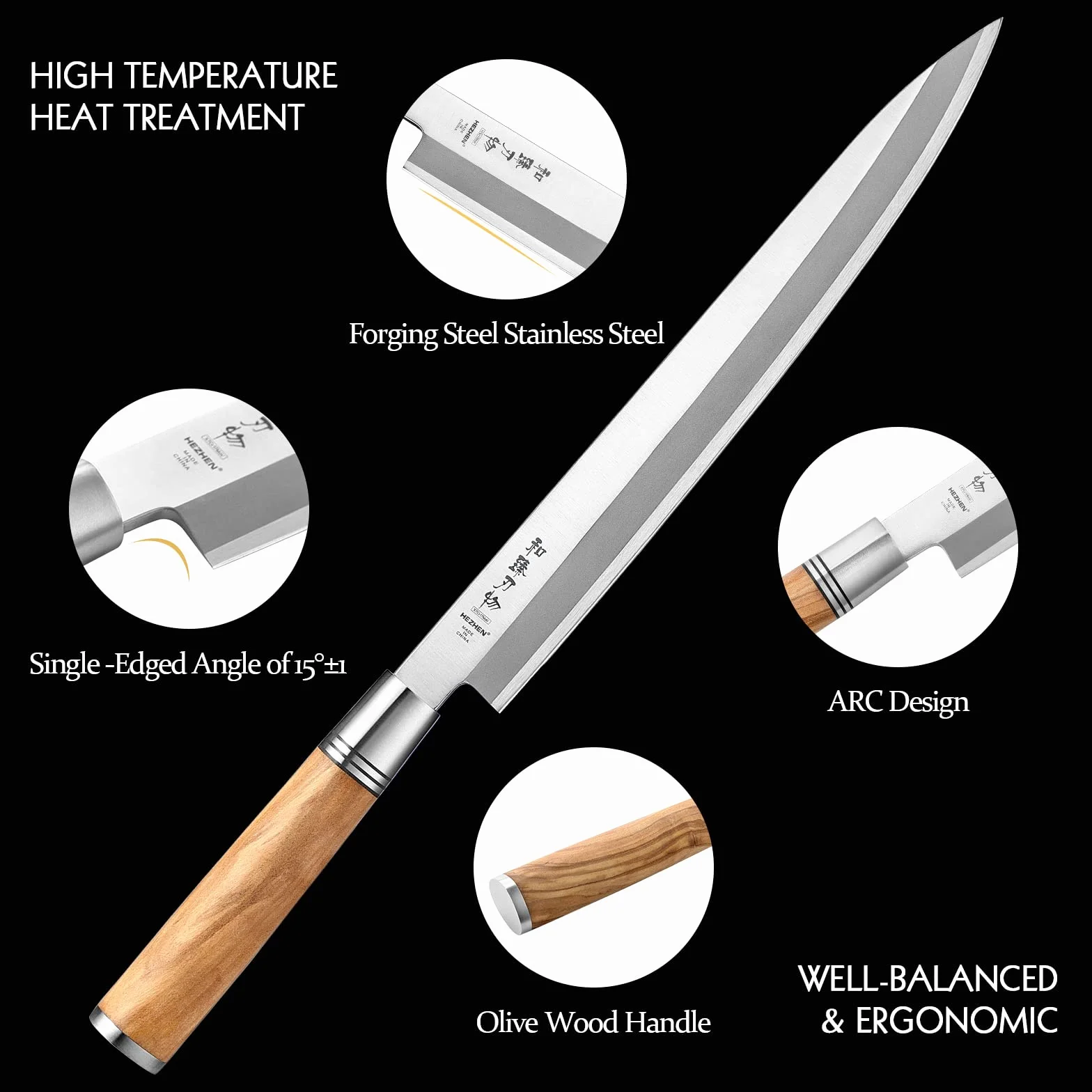 HEZHEN 27CM Coltello da Sashimi Stile Giapponese Acciaio Forgiato Yanagiba, da Sushi, Sfilettare Affettare Salmone, Manico in Legno D'ulivo,Fodero in Legno