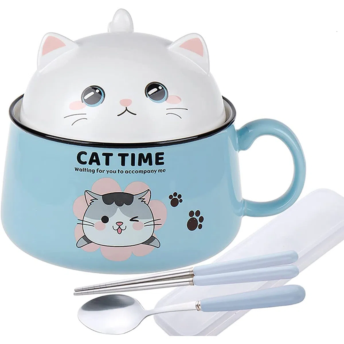Ciotola Ramen Con Coperchio, Grazioso Gatto Per Insalata, Ciotola per cereali con manico, 1020 ml, in ceramica istantanea, ciotola per pasta, dessert, zuppa e pranzo per bambini