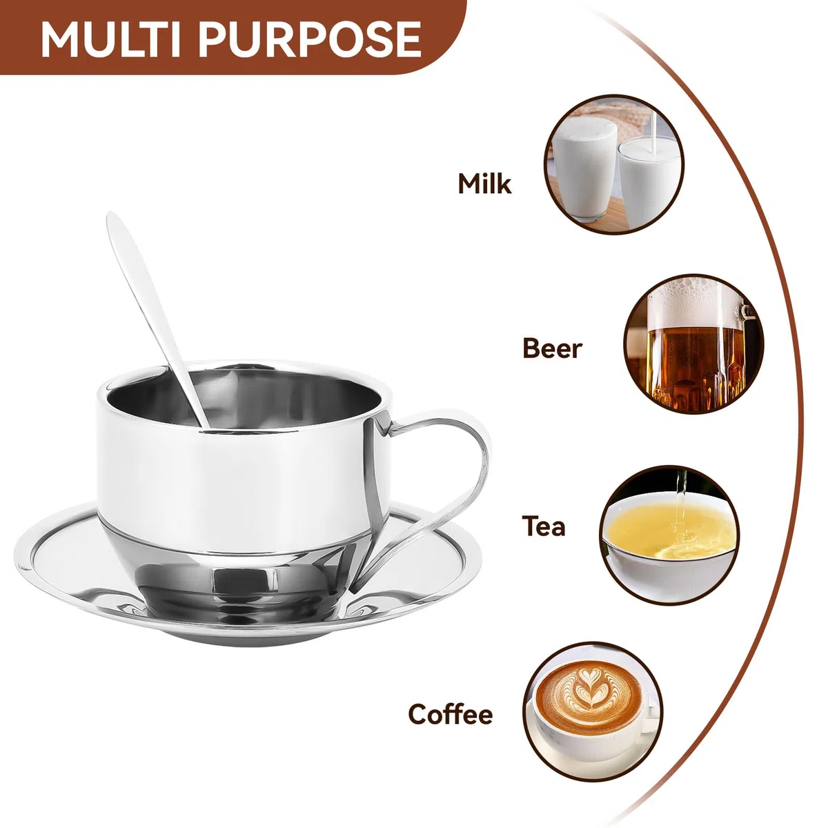 Agatige Set Di Tazza Da Caffè Tazza Da Caffè a Doppia Tazza in Acciaio Inoxparete Da 4 Once Con Piattino E Cucchiaio,Da Caffè Espresso per Tè E Caffè Cappuccino