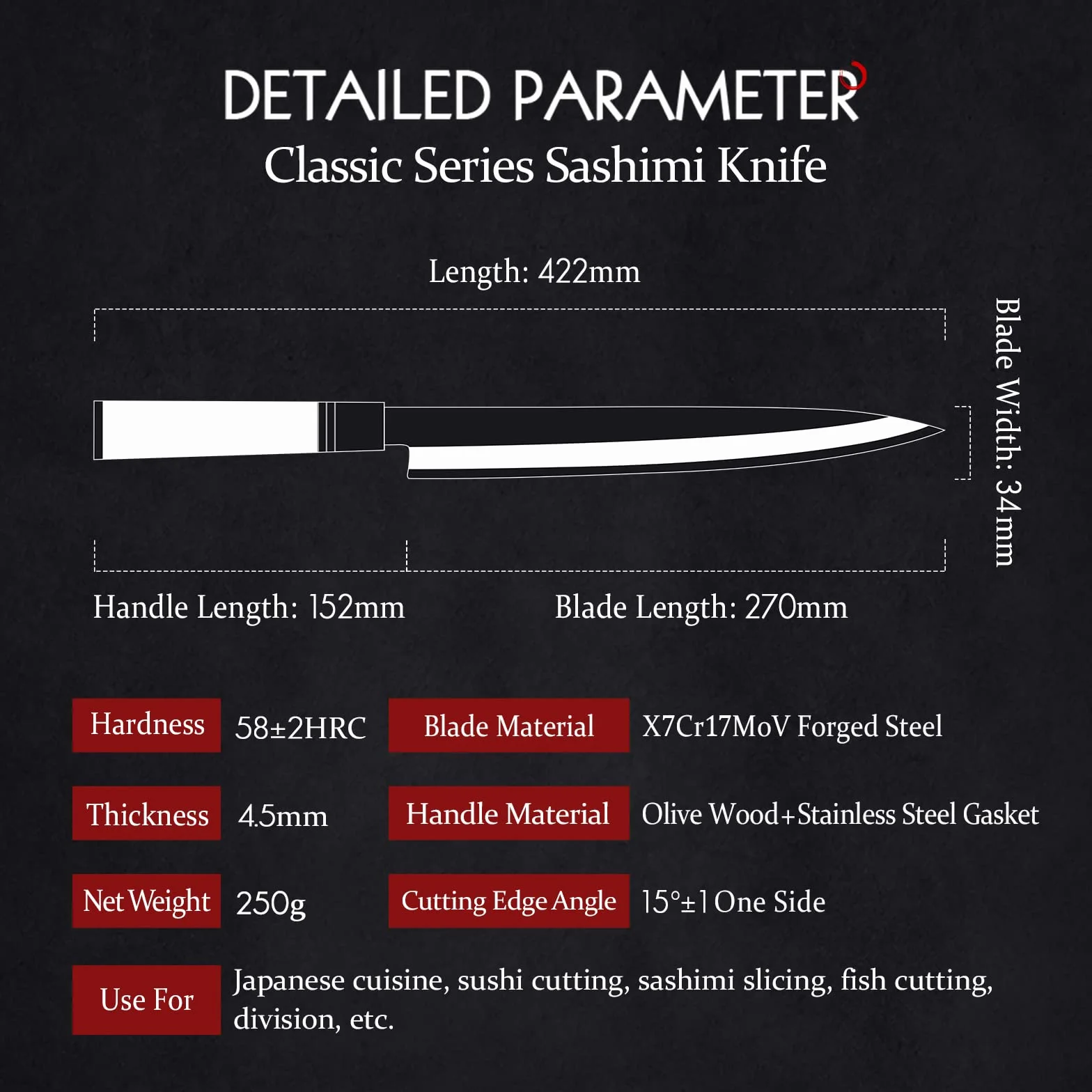 HEZHEN 27CM Coltello da Sashimi Stile Giapponese Acciaio Forgiato Yanagiba, da Sushi, Sfilettare Affettare Salmone, Manico in Legno D'ulivo,Fodero in Legno