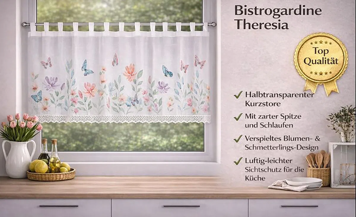 KAMACA Tenda da bistrò con passanti, tenda corta da cucina, trasparente, con passanti in voile, pizzo (altezza x larghezza 60 x 140 cm, Theresia)