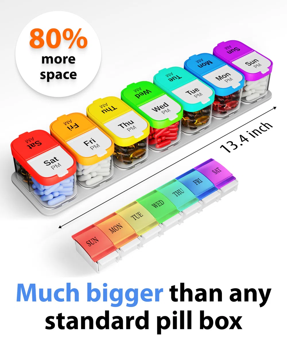 Portapillole settimanale XL con 7 scomparti staccabili AM PM - Dispenser portatile per medicinali per casa e viaggi, grande contenitore per integratori per uso settimanale o quotidiano, arcobaleno