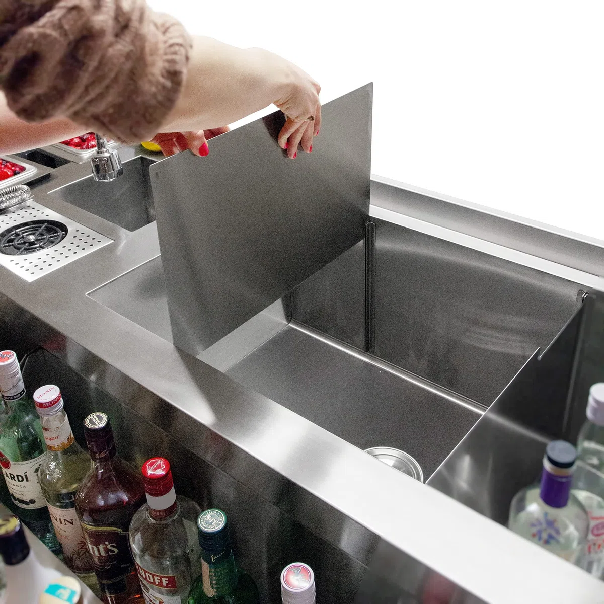 Postazione da Barman Bancone Bar Doppio Cocktail Acciaio Inox Pozzetto per Ghiaccio Isolato Postazione Bar Indipendente Installazione Bar Lavello con Rubinetto, Mensola per Bottiglie e Pentole Gastro