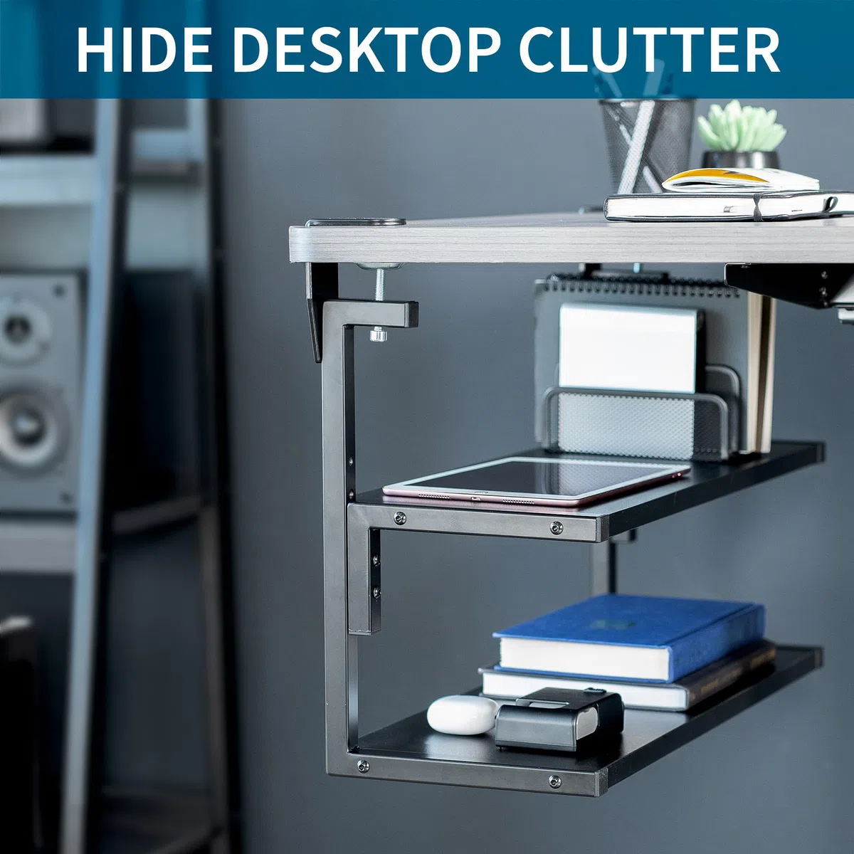 VIVO Scaffale a 2 ripiani con morsetto, 61 cm sopra o sotto la scrivania, per accessori da tavolo, dispositivi di gioco e altro, vassoio portaoggetti, organizer da scrivania, nero, STAND-SHELF24C