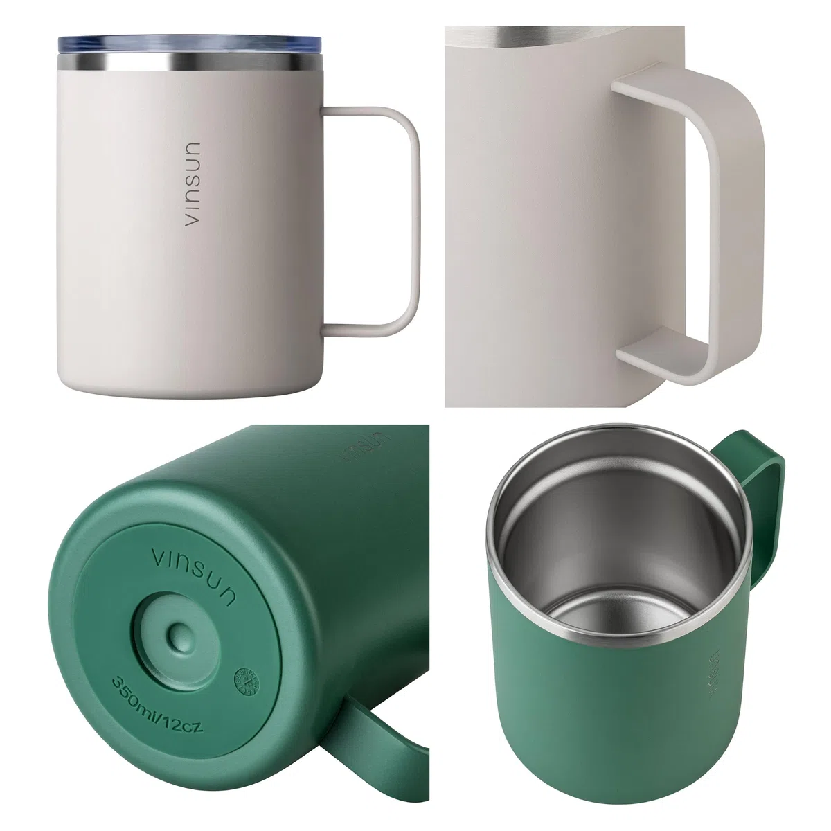 VINSUN Tazza Termica con Manico 350ml - Acciaio Inox, Coperchio Trasparente con Apertura per Bere, Senza BPA - Tazza da Viaggio Caffè per Ufficio, Scuola, Campeggio, Auto