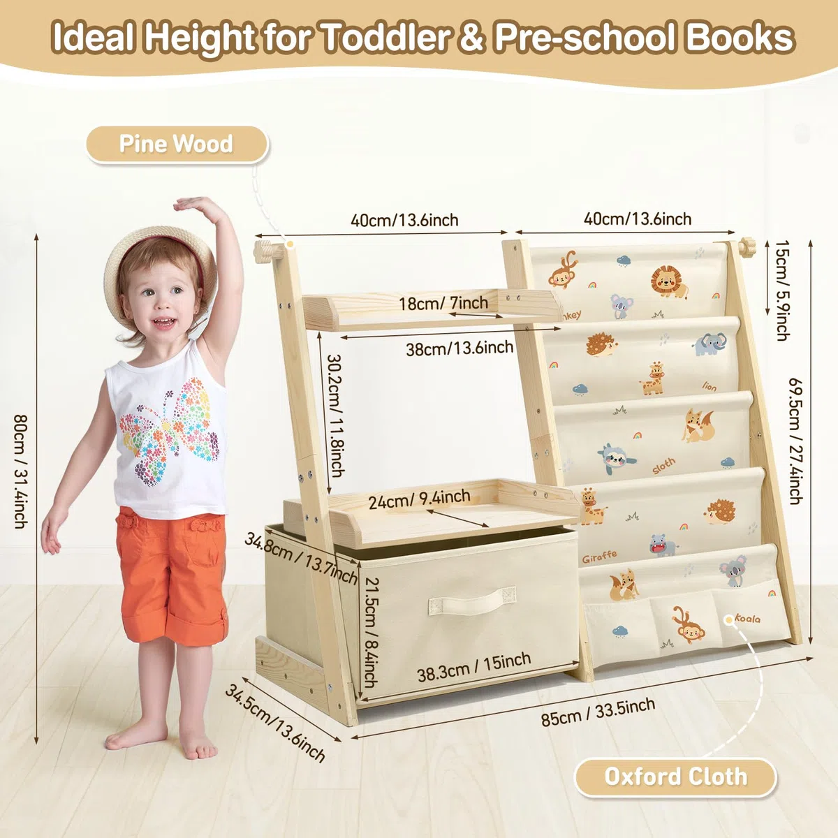 Libreria Montessoriana per Bambini Bambina, Scaffale per Giocattoli, Legno Massiccio Montessori Scaffale Libreria 85 * 69.5 * 34.5cm - Animali della Giungla