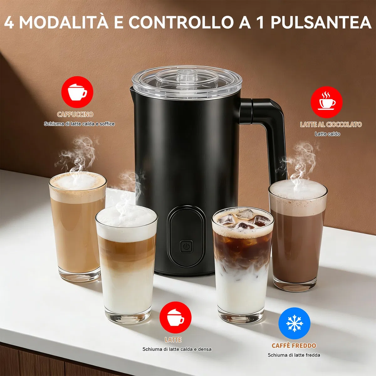 Montalatte elettrico, 4 in 1 automatico per latte da 350 ml, scalda latte caldo e freddo, latte in spugna elettrica, spegnimento automatico per latte, cappuccino