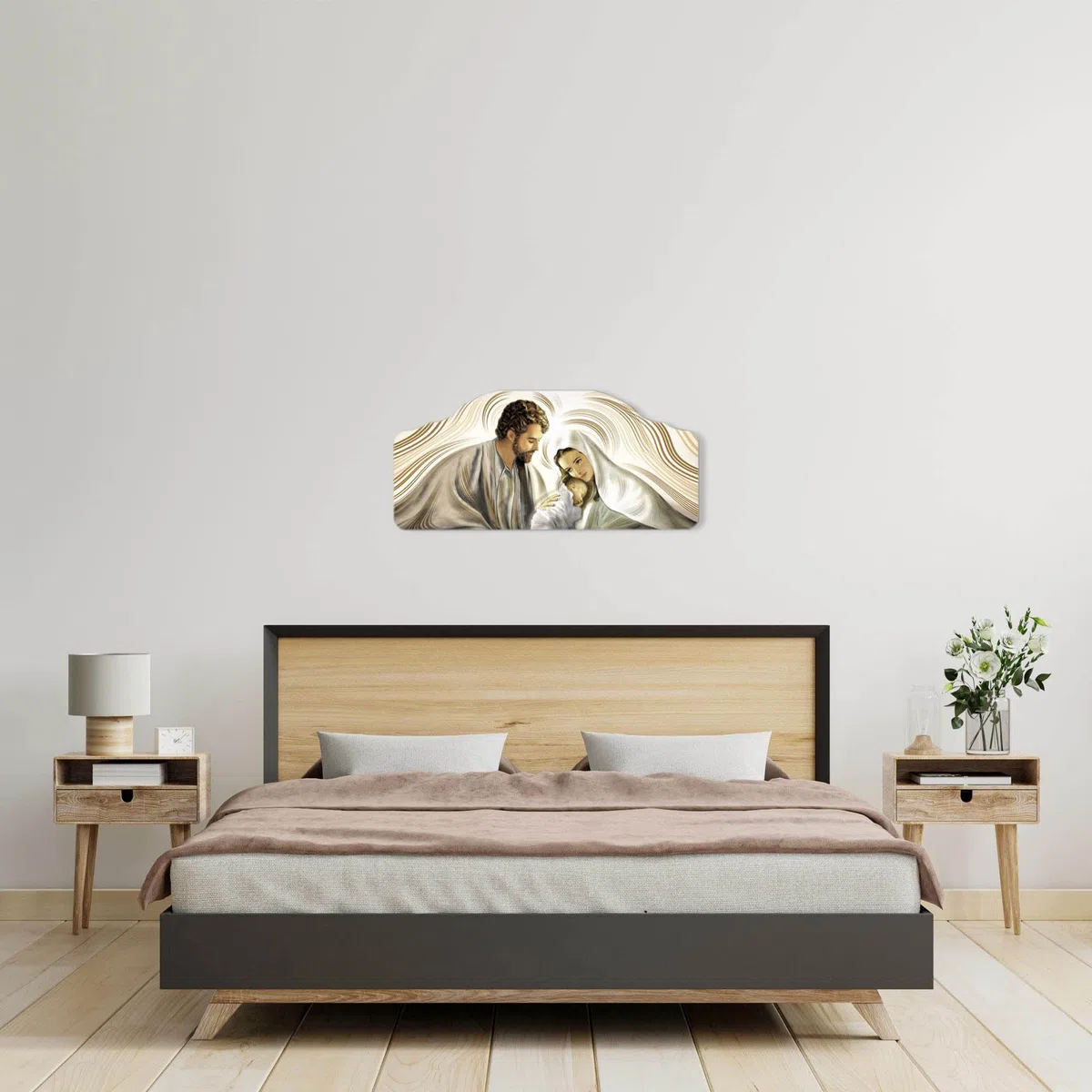 Lupia - Quadro Moderno Capezzale Nativity Brown Sacra Famiglia, Stampa su Legno, Artigianale 100% Made in Italy, Multicolore, 42 x 92 cm, Legno