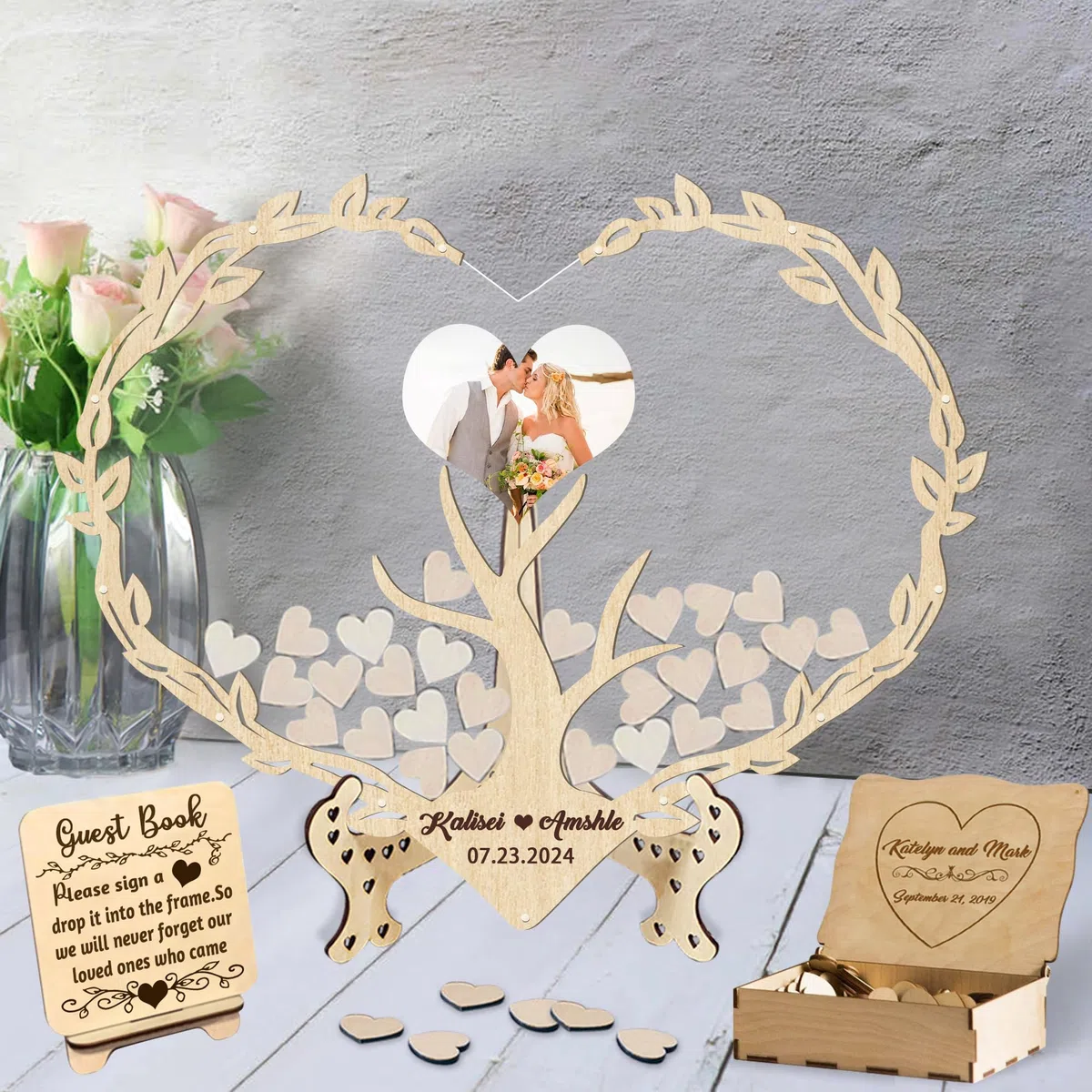 Personalizzato Libro degli Ospiti di Nozze,Costume Alternativa al Registro degli Ospiti Cartello con Nome Data e Cartello Cuori in Legno per Nozze Anniversario Compleanno Festa Baby Shower