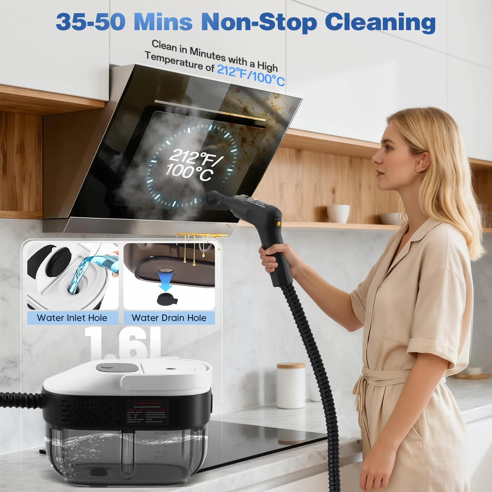 Pulitore a Vapore Portatile 2500 W, 6 Spazzole, Serbatoio 1600 ml, Pulitore a Vapore 3 Bar, con 3 Velocità Regolabili, per la casa multiuso, per finestre, cappe, tessuti