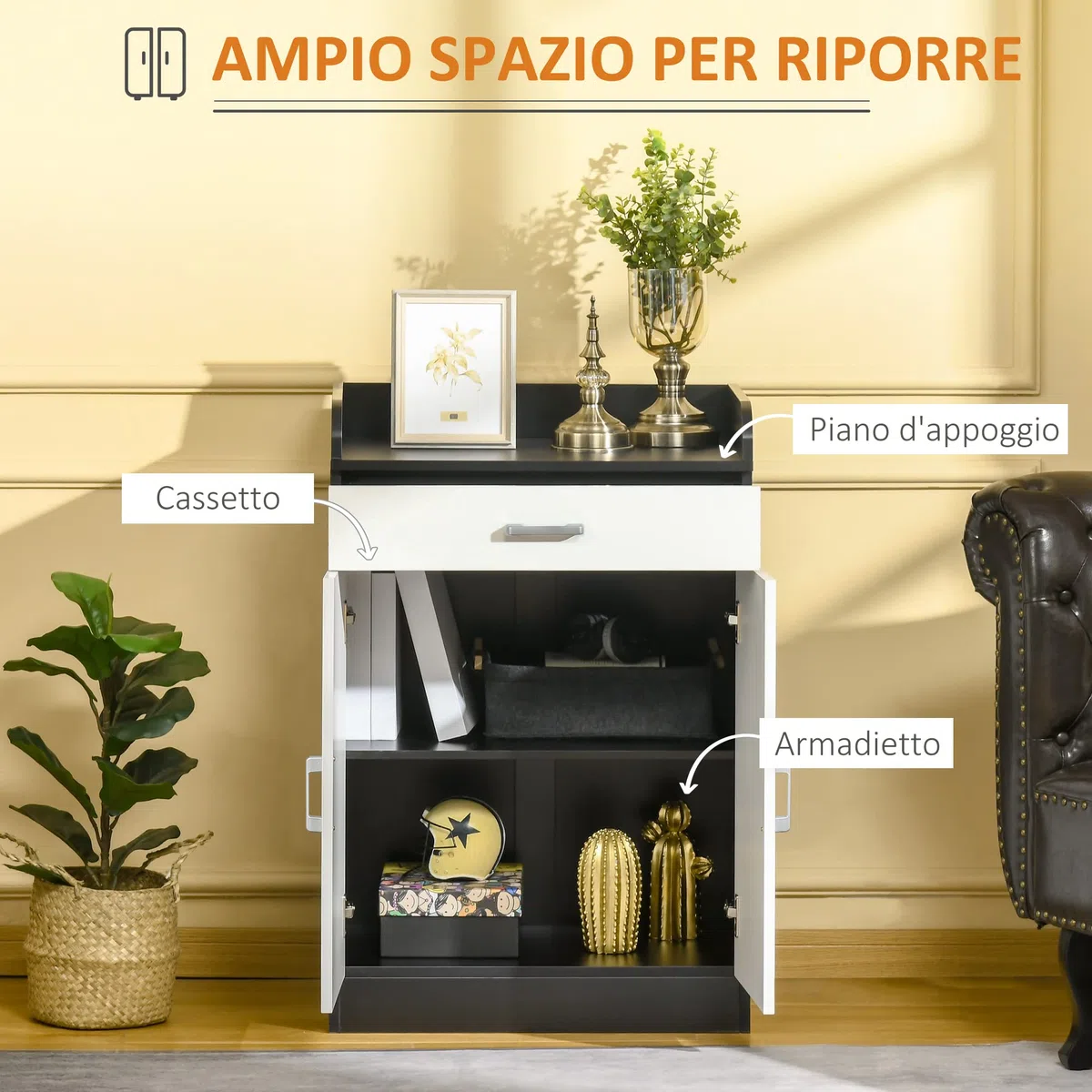 HOMCOM Mobiletto con Cassetto di Legno, con Ripiano Regolabile, Mobiletto da Cucina Salvaspazio, Soggiorno e Anticamera, in Legno MDF, 60x40x90cm, Bianco e Nero
