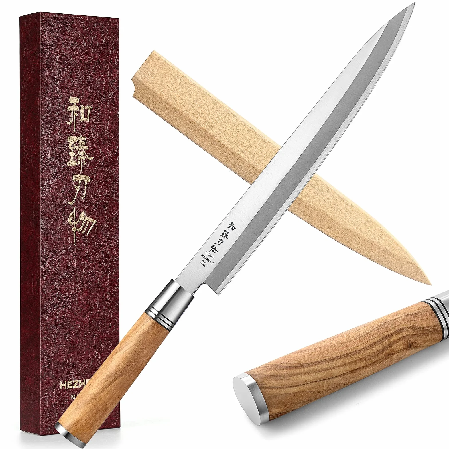 HEZHEN 27CM Coltello da Sashimi Stile Giapponese Acciaio Forgiato Yanagiba, da Sushi, Sfilettare Affettare Salmone, Manico in Legno D'ulivo,Fodero in Legno
