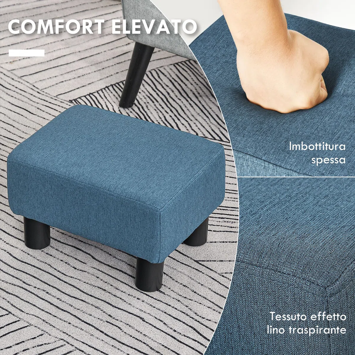 HOMCOM Pouf Poggiapiedi Imbottito in Tessuto di Lino e Plastica, Ottomana Rettangolare con Seduta Imbottita, per Soggiorno e Camera da Letto, 40x30x24 cm, Blu Scuro