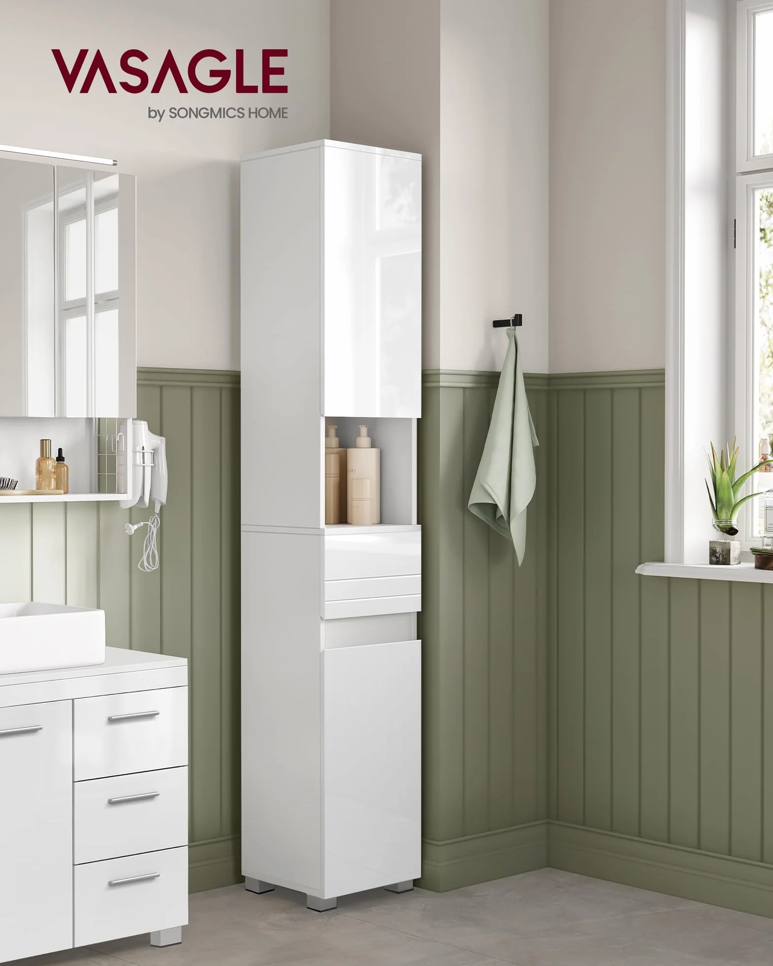 VASAGLE Mobile da Bagno, Mobiletto Portaoggetti, Alto, con Cassetto, Ripiani Regolabili, Scomparti, 30 x 30 x 170 cm, Bianco Nuvola BBC560P31