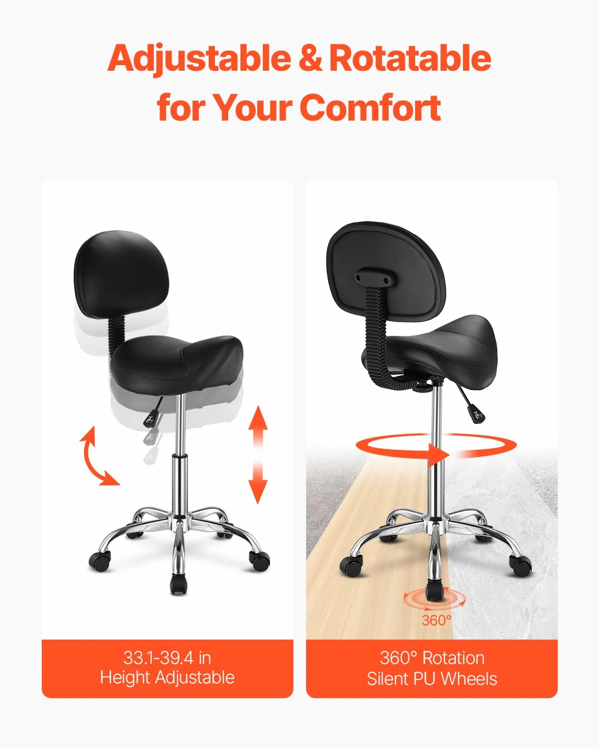 VEVOR Sgabello da Sella con Ruote Supporto per la Schiena, Capacità 204 kg, Sgabello Ergonomico Girevole in Pelle PU Ispessita Regolabile in Altezza per Salone, Massaggi, Clinica, Nero