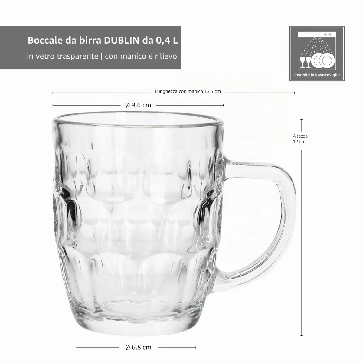 MamboCat Set di 6 boccali da birra Dublino I 400 ml Altezza 12 cm I per 6 persone I Boccale da birra in vetro con rilievo e manico I Bicchieri da birra trasparenti 0,4 l I Boccale da birra per feste