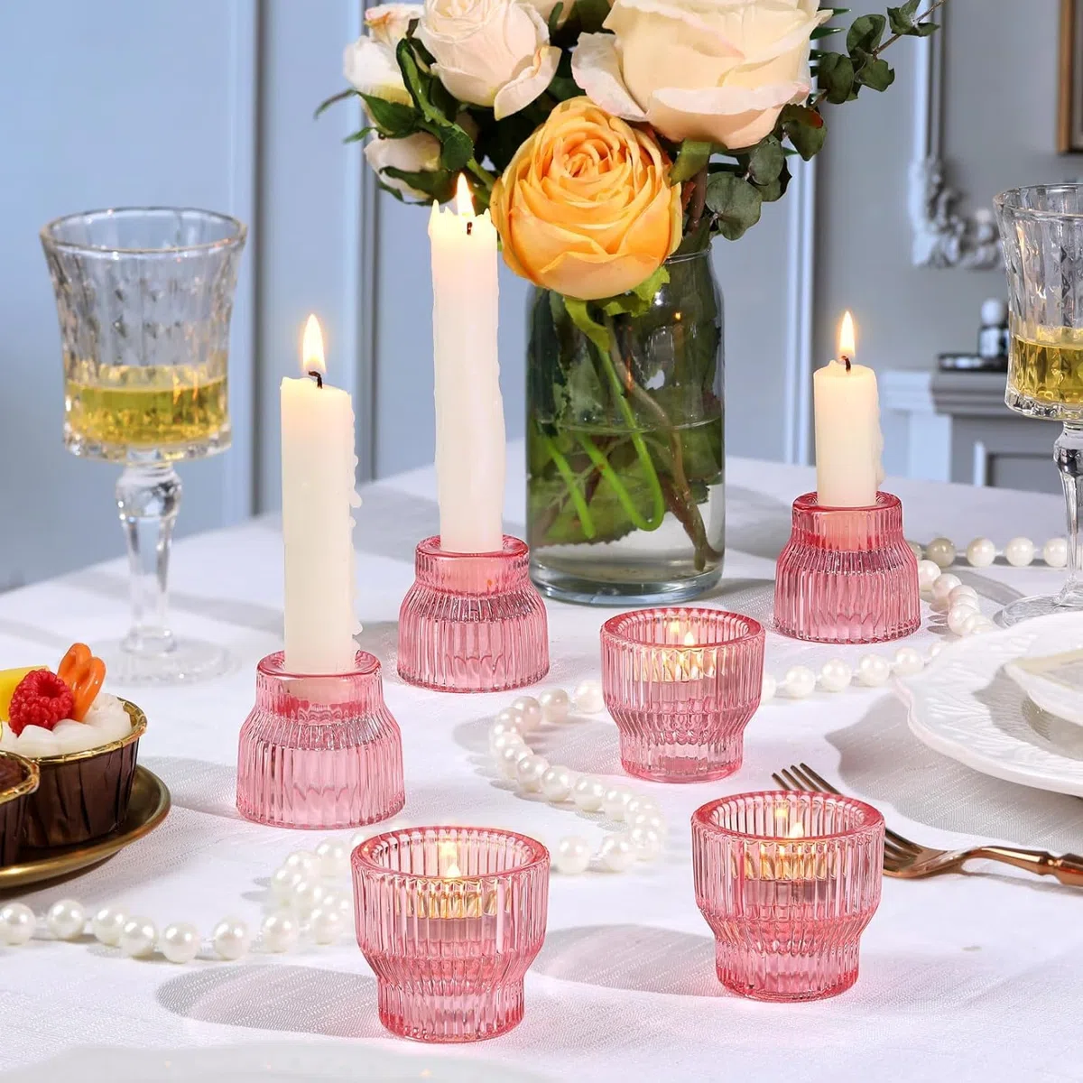 12 portacandele conici rosa, portacandele in vetro, portacandele per lumini, centrotavola per matrimoni, decorazioni da tavola, portacandele votivi per feste e decorazioni per la casa