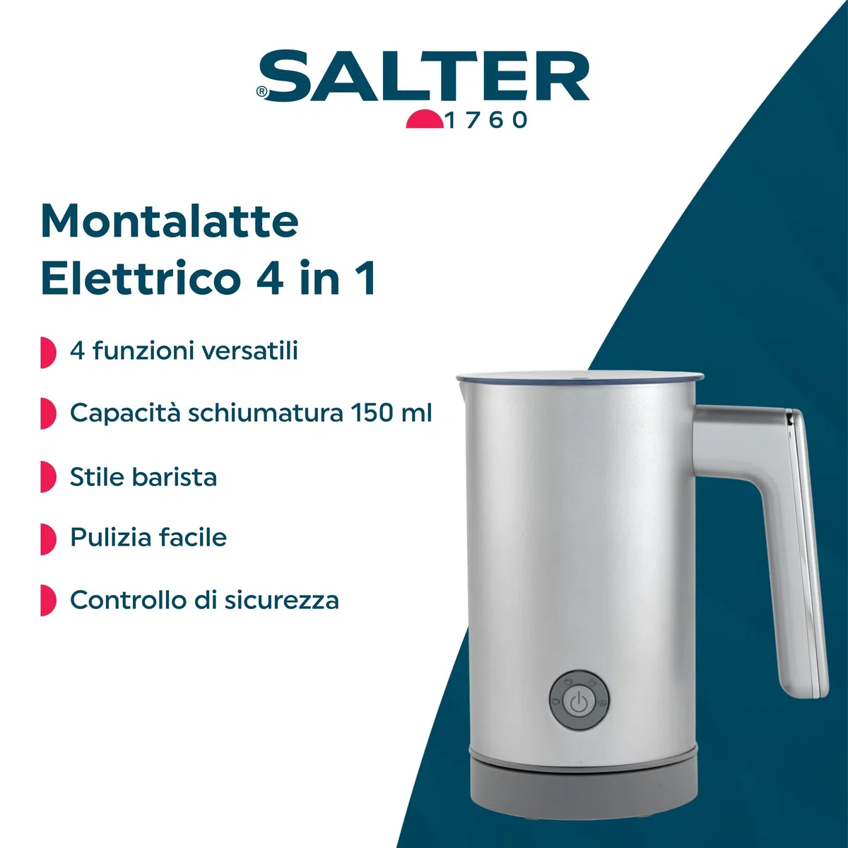 Salter EK6359MMSVDE Aspen Montalatte - Vaporiera elettrica 4 in 1, schiuma di latte calda e fredda, caffè, cappuccino, latte, capacità di schiumatura 150 ml/capacità di riscaldamento 300 ml, 500 W