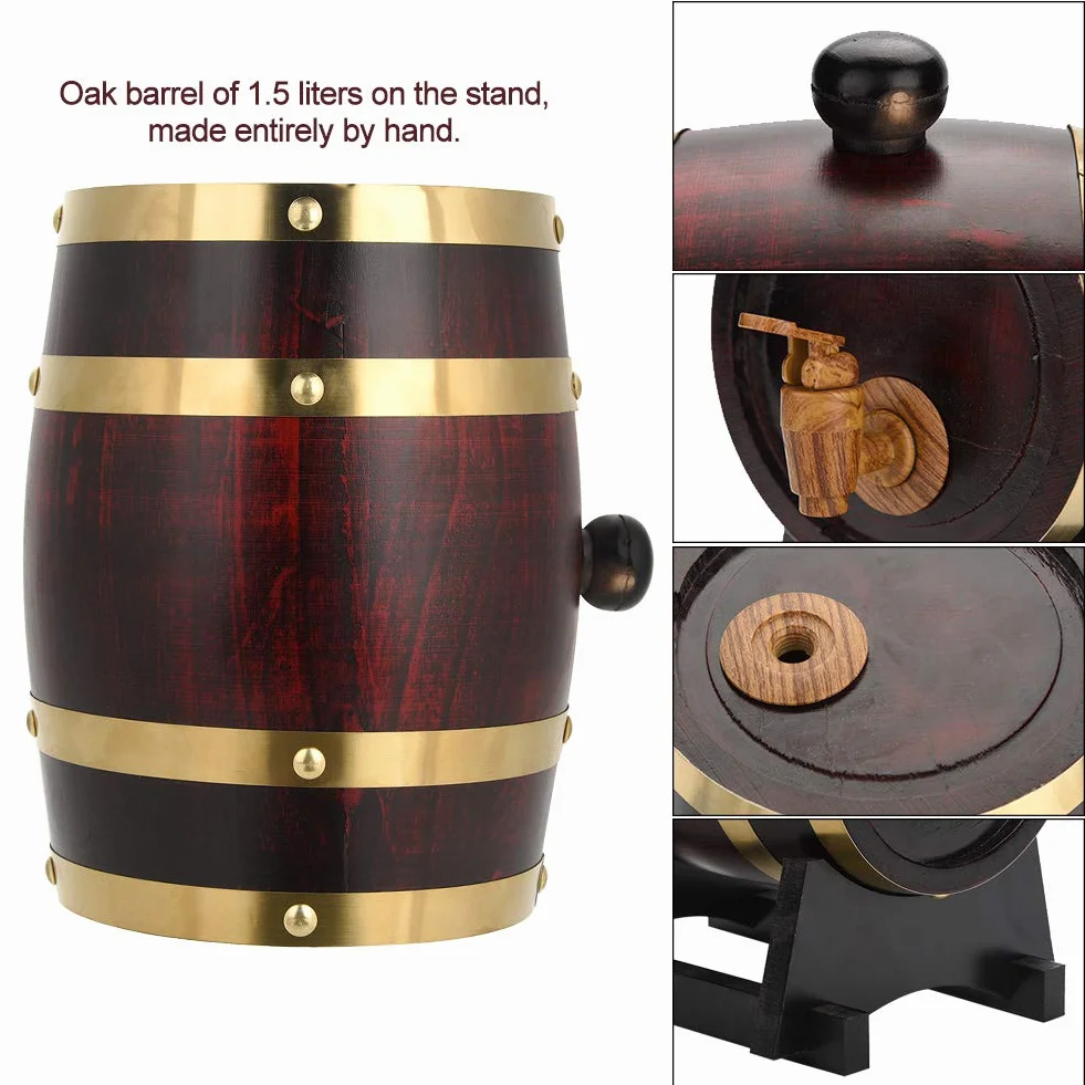 Botte di quercia, 1,5 l, stile vintage, legno di quercia, invecchiamento, vino, spirito, whisky, con rubinetto per birra, whisky, rum Port