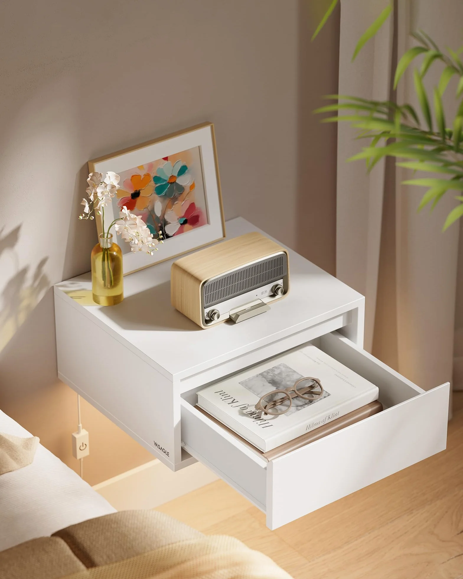 VASAGLE KAILYN Collezione - Comodino Pensile, Set di 2 Comodini Sospesi, Luce Regolabile, Cassetto, Mensola da Parete, 35 x 40 x 18 cm, Moderno, Camera da Letto Soggiorno, Bianco Nuvola LET854W01