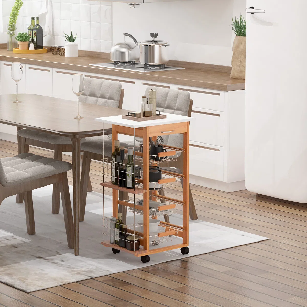 HOMCOM Carrello da Cucina Salvaspazio in Legno Marrone, Portavivande con 1 Piano di Lavoro 1 Cassetto e 4 Cestelli Metallici, 47x37x83cm