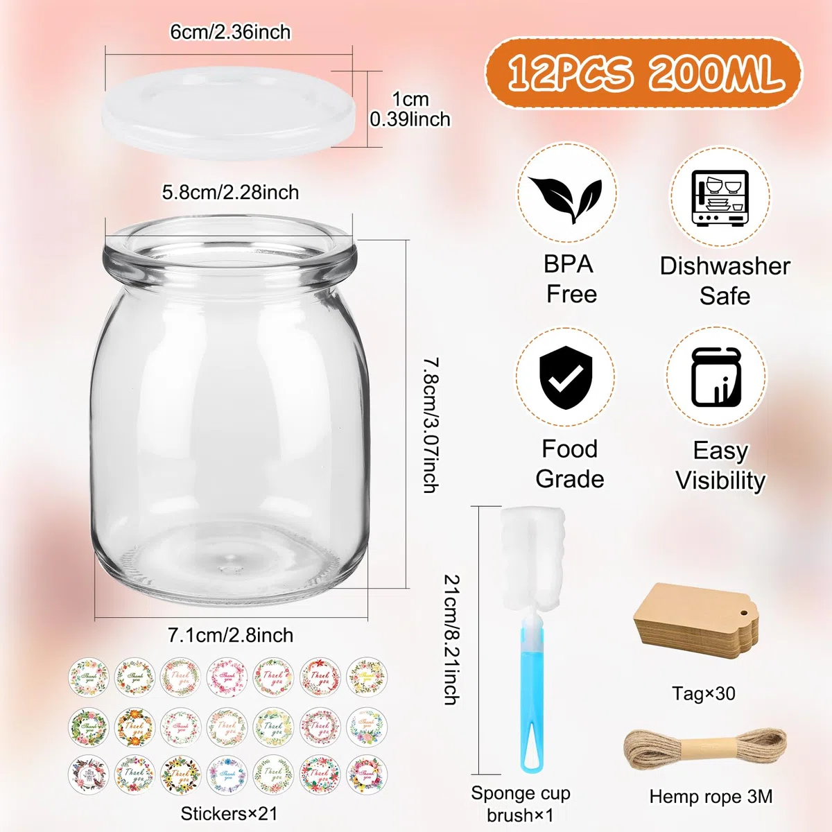 200 ml Vasetti per Yogurt con Coperchio,Confezione da 12 Bicchieri da Dessert Trasparenti In Vetro, Barattoli da Dessert con Coperchio per Gelatina,yogurt,Miele,Mousse,Dessert