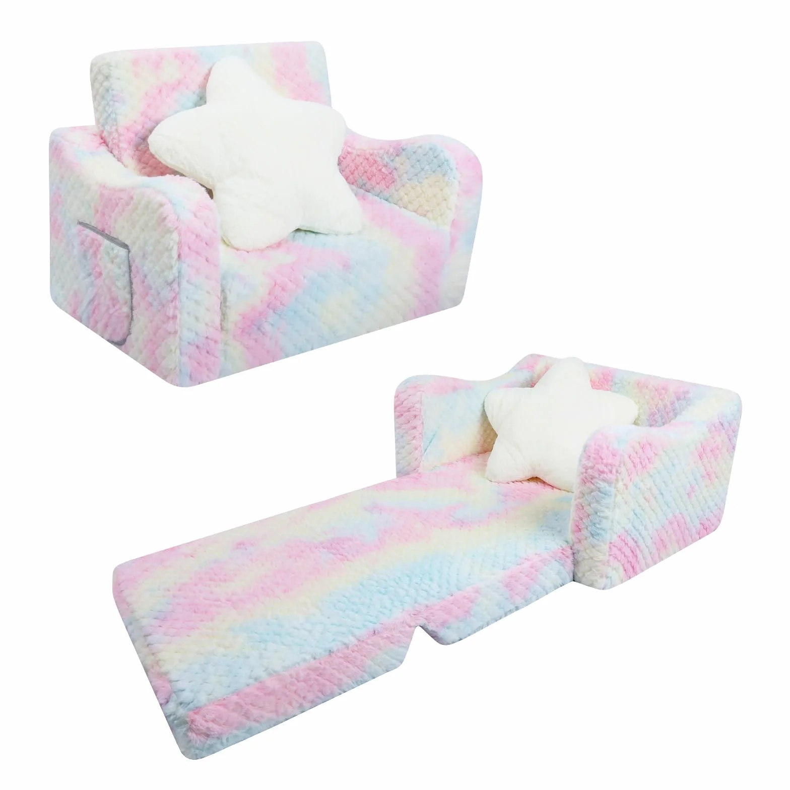 Divano Bambini Trasformabile 2-in-1,Poltroncina Pieghevole per Bambini Ragazze con Cuscino a Forma di Stella ,Comoda Divano Letto per Bambini per Camere da Letto e Soggiorno,Rosa Griglia Diamantata