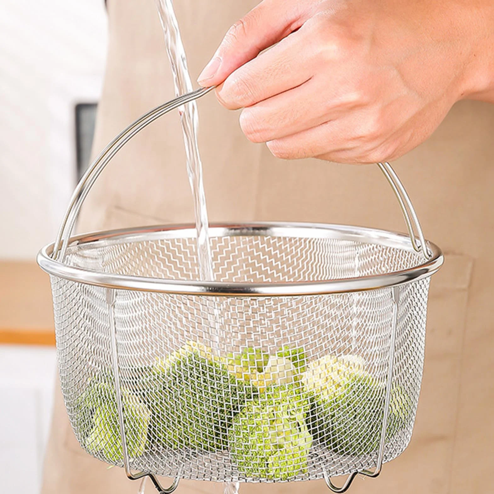 Cestello per Cottura a Vapore in Rete, Ø 20 cm Cestello per Colino in Rete con Manici Pieghevoli in Acciaio Inox, Cestello Verdura Risciacquo Drenante per Verdure e Alimenti, Lavabile in Lavastoviglie