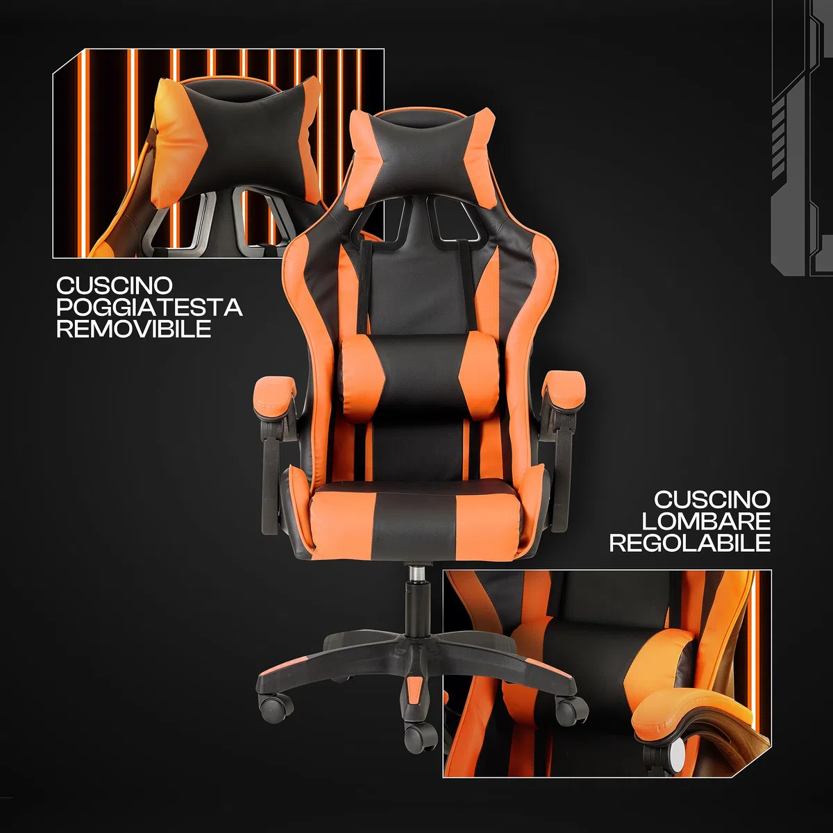 Baroni Home Sedia da Gaming, Sedia Ufficio Ergonomica con Schienale Regolabile, Poggiatesta e Supporto Lombare, Arancione