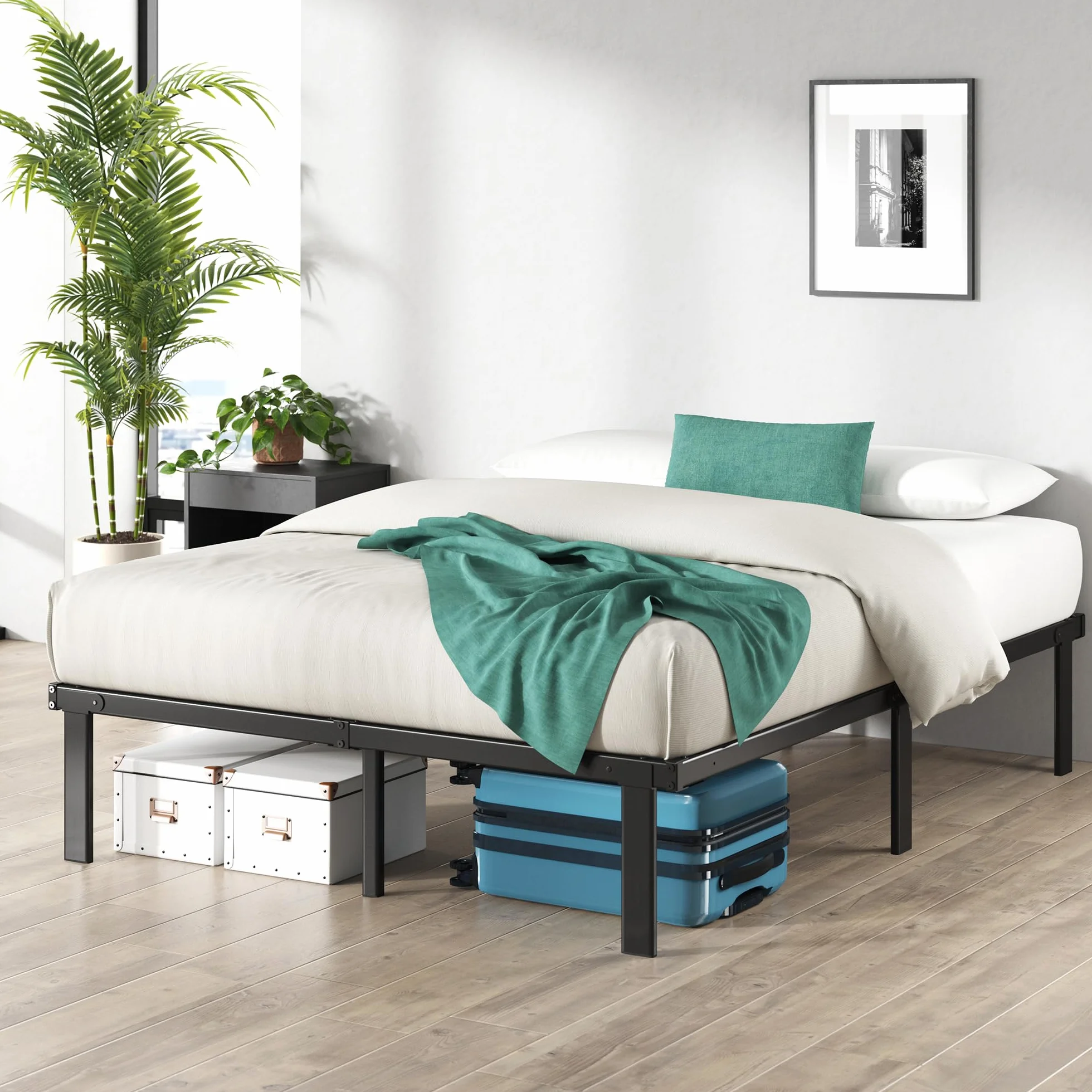 Zinus Caleb Rete Matrimoniale 160x190 cm - Struttura Letto con Doghe in Metallo Incluse - Altezza 36 cm con Spazio Sottostante - Facile da Montare - Nero