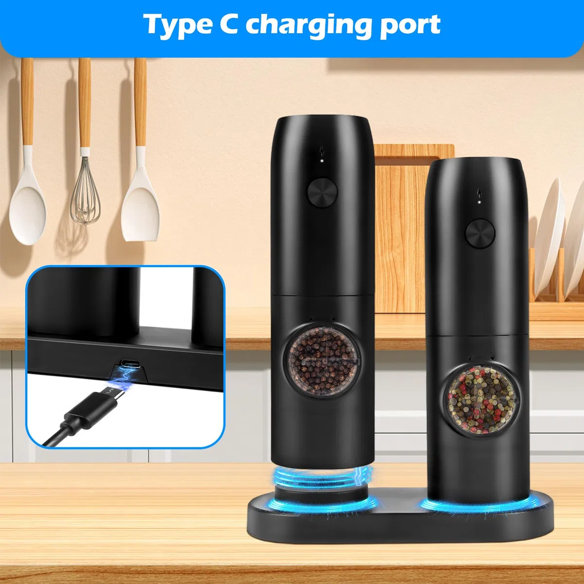 Set di 2 macinasali e pepe elettrico con base ricaricabile, doppia stazione di ricarica, spazzola, luce LED, macinazione automatica per barbecue, ristorante cucina