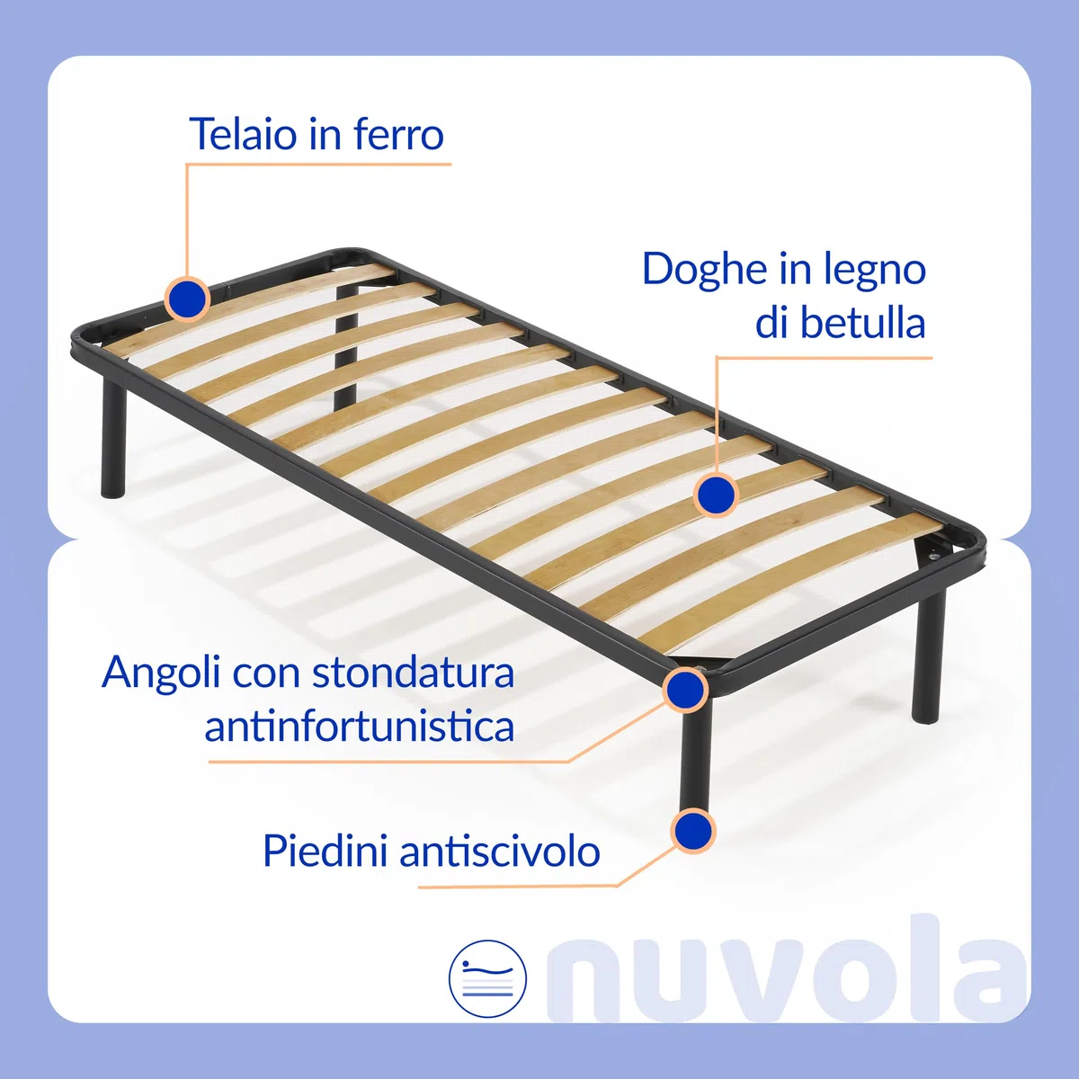 NUVOLA Atena - Rete Letto Singolo 80x190 con Doghe in Legno, Rete Singola Ortopedica con Struttura in Ferro e Piedi Smontabili, Durevole e Robusta - Ideale Per Tutti i Tipi di Materassi, Made in Italy