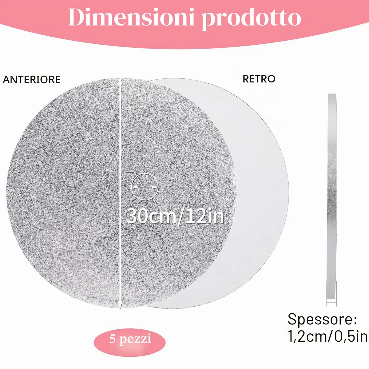 Sottotorta Tondo Cake Board 12 mm - Ø 30 cm - Argento - 5 Pezzi Cake Drum Rotondo, Vassoio Torta in Cartone, Riutilizzabili Base Torta Rivestita per Decorazione, Matrimoni, Compleanno