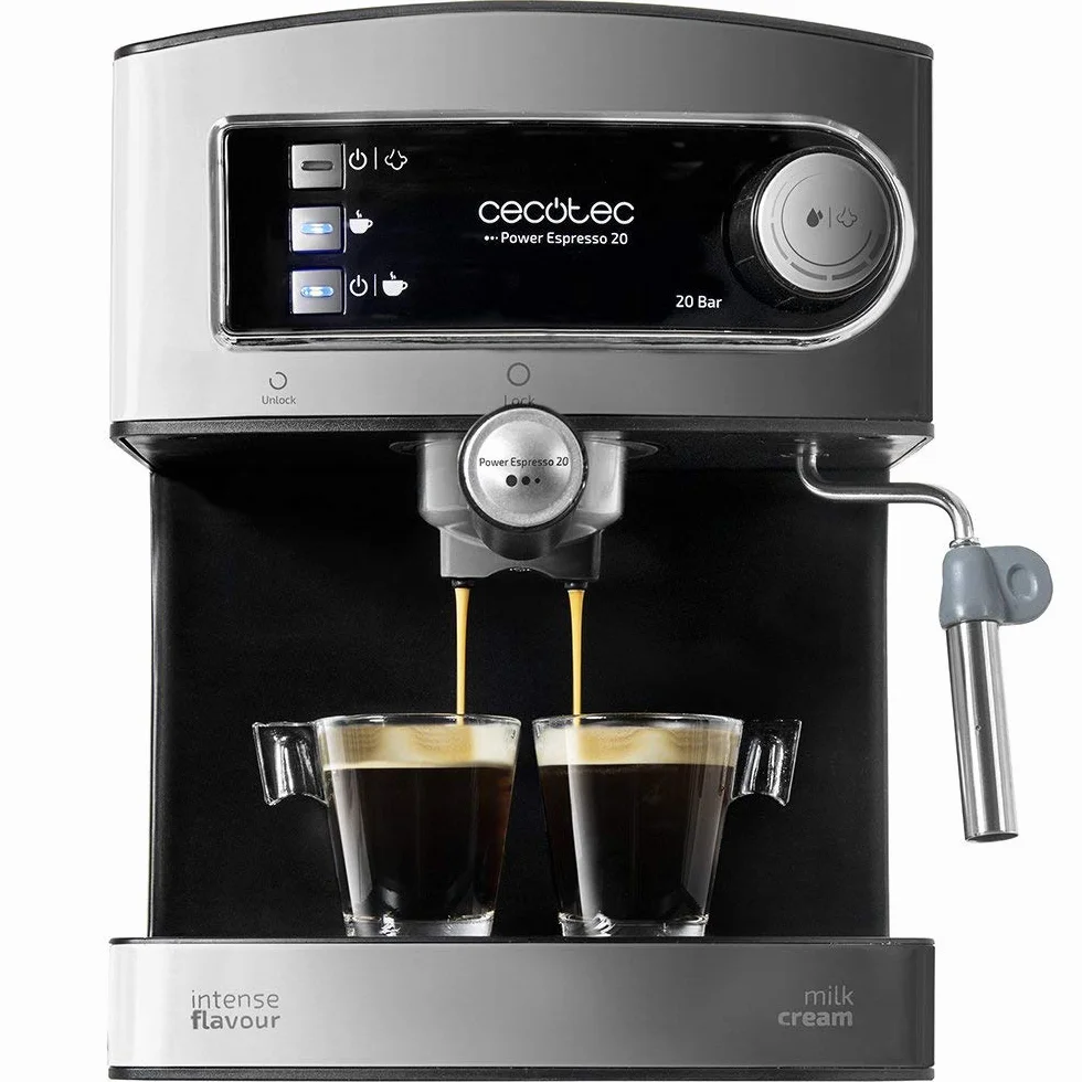 Cecotec Macchina da Caffè Espresso Power Espresso 20. 850 W, Pressione 20 Bar, Serbatoio 1,6 L, Uscita A Doppio Braccio, Vaporizzatore, Superficie A Tazza Calda, Finiture in Acciaio Inox