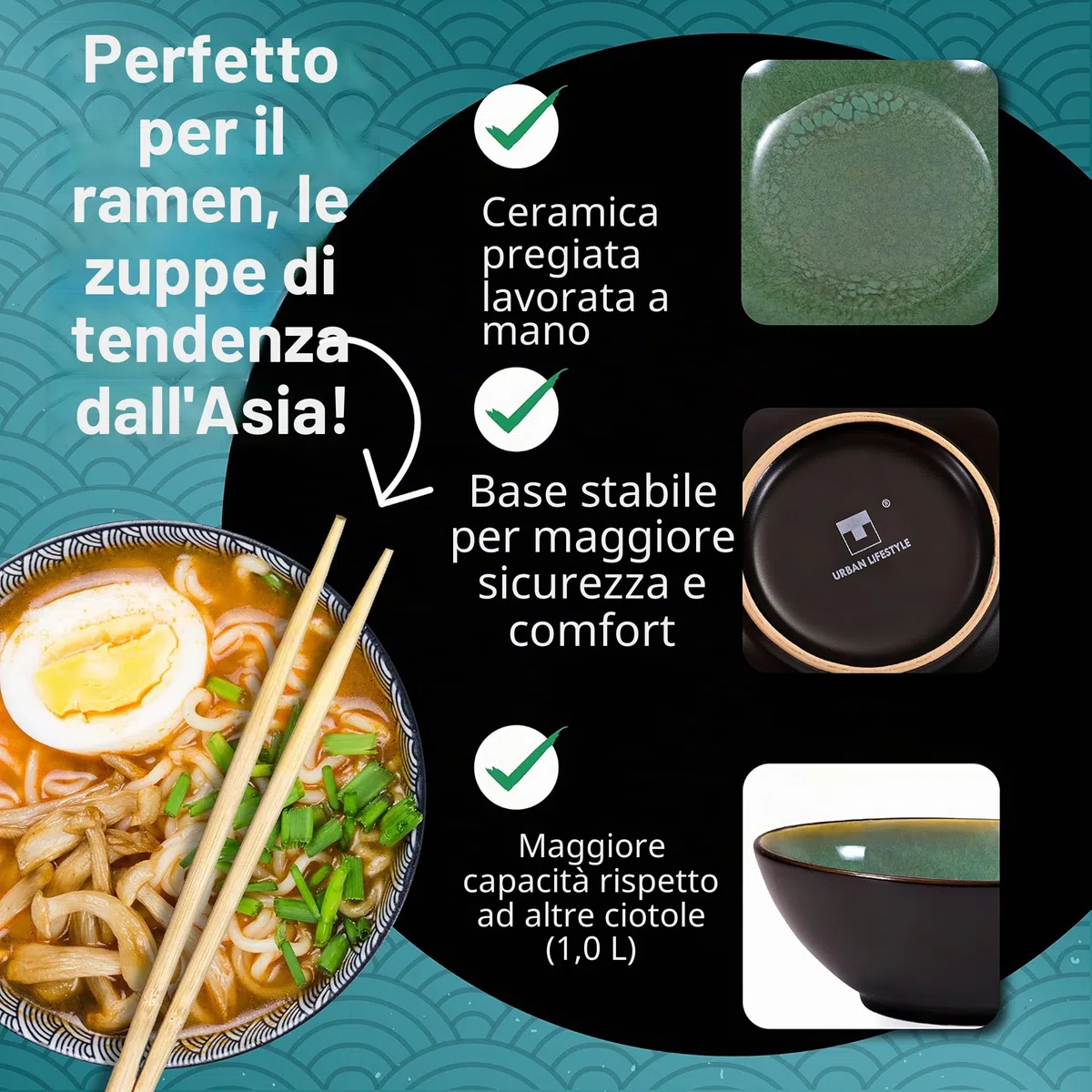 Urban Lifestyle Set di ciotole per ramen in ceramica, 2 pezzi, 20 cm, 900-1000 ml, ciotola per zuppa, insalatiera, ciotola per pho, ciotola per ramen, ciotola per cereali (Verde)