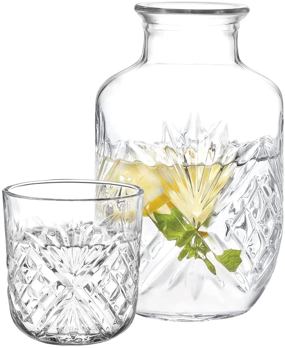 Set di caraffa e bicchiere da comodino in cristallo, caraffa da notte con caraffa e bicchiere, set da 2 pezzi con brocca e tazza da notte (525 ml)