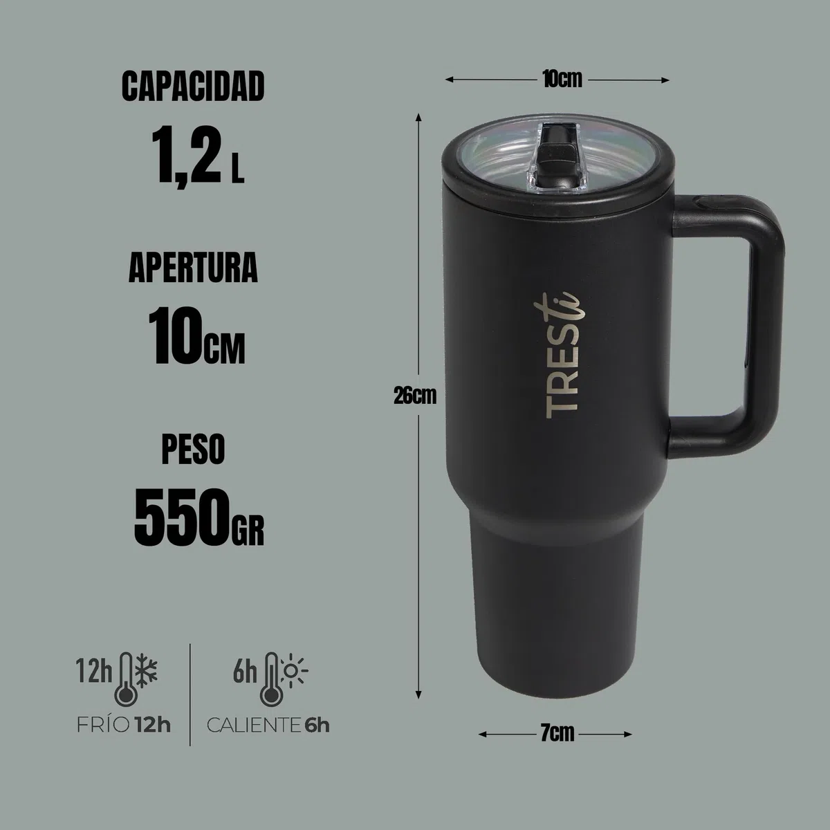 Termos in Acciaio Inox 1,2L – Borraccia Termica 100% Antiperdite – Bevande Fredde 12H/Calde 6H – Per Caffè, Tè, Acqua, Tisana – Bottiglia Doppia Parete con Manico Antiscivolo - Senza BPA – Nero