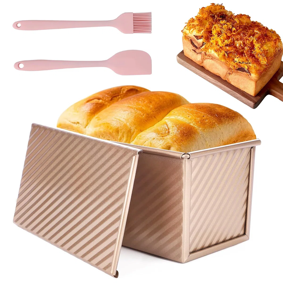 Stampo Per Pane in Cassetta con Coperchio, 21 x 12 x 11,5 CM Stampo Per Pane Toast Ondulato, Antiaderente Stampi per Plumcake 450g Pasta, Stampi Pane Acciaio al Carbonio, Oro Rosa