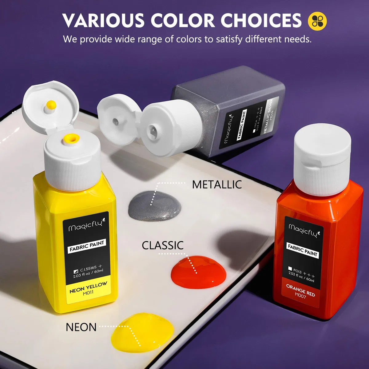 Magicfly Colori per Tessuti Permanenti, Set di 14 Colori Stoffa (60ML) Vernice Pittura per Tessuti Lavabili in Lavatrice e Asciugatrice, Abiti, Magliette, Jeans, Borse, Tela, con 3 Pennelli