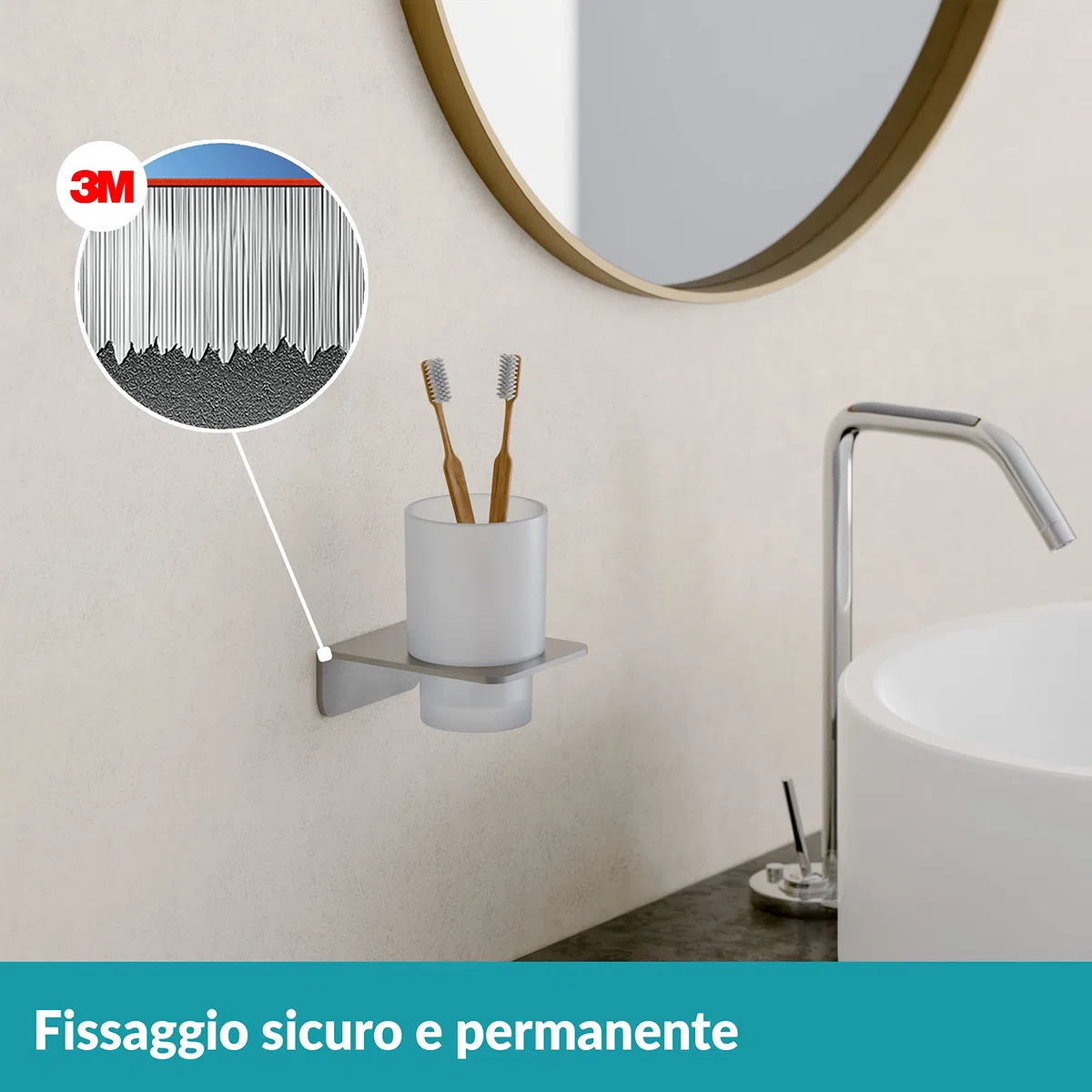 WEISSENSTEIN Portaspazzolini da bagno adesivo 3M - Acciaio inox - Bicchiere portaspazzolini in vetro smerigliato