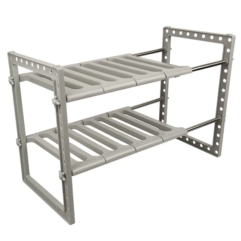 Scaffale Sottolavello Stoviglie– Stoviglie Ripiano PP rack estensibile organizzatore sotto il lavello scaffale espandibile di stoccaggio, 2 livelli, per cucina, bagno-38-70*26*38 cm (grigio)