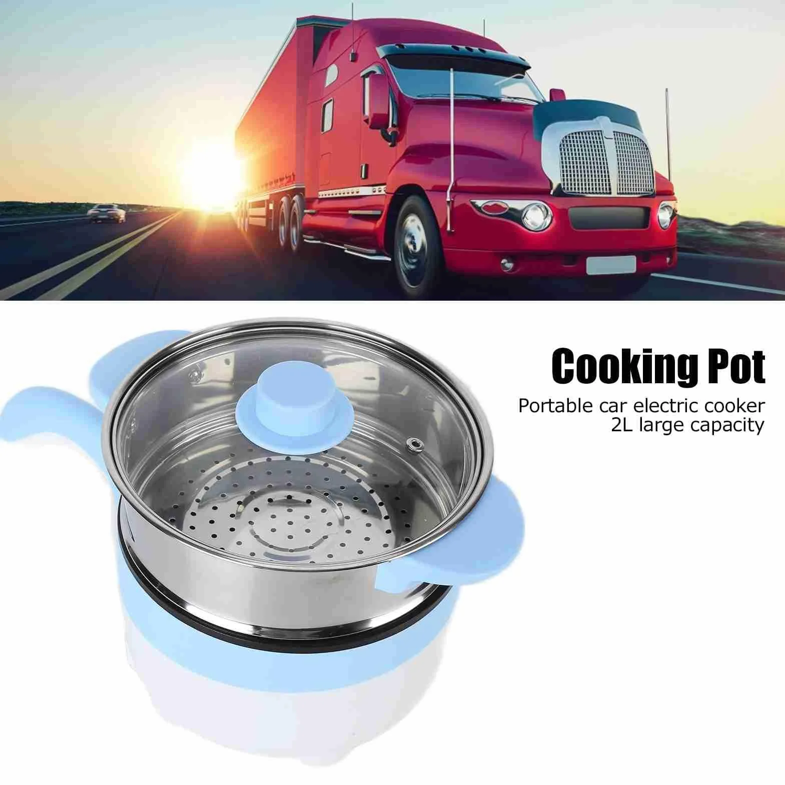 Pentola Elettrica per Auto 24V 2L Pentola Calda Mini Padella Antiaderente in Acciaio Inox con Coperchio per Pasta All' Tagliatelle(Padella elettrica 24V 2 litri celeste)