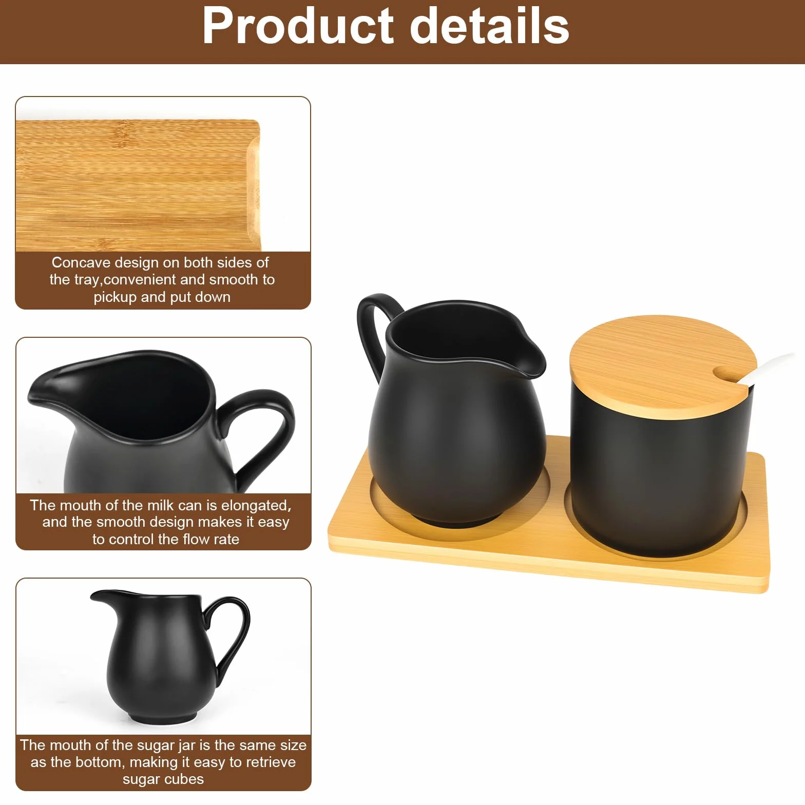 Set di latte e zucchero con coperchio e cucchiaio, bricco per il latte in ceramica nera e zuccheriera con vassoio in legno, per il latte, lavabile in lavastoviglie e adatto al microonde
