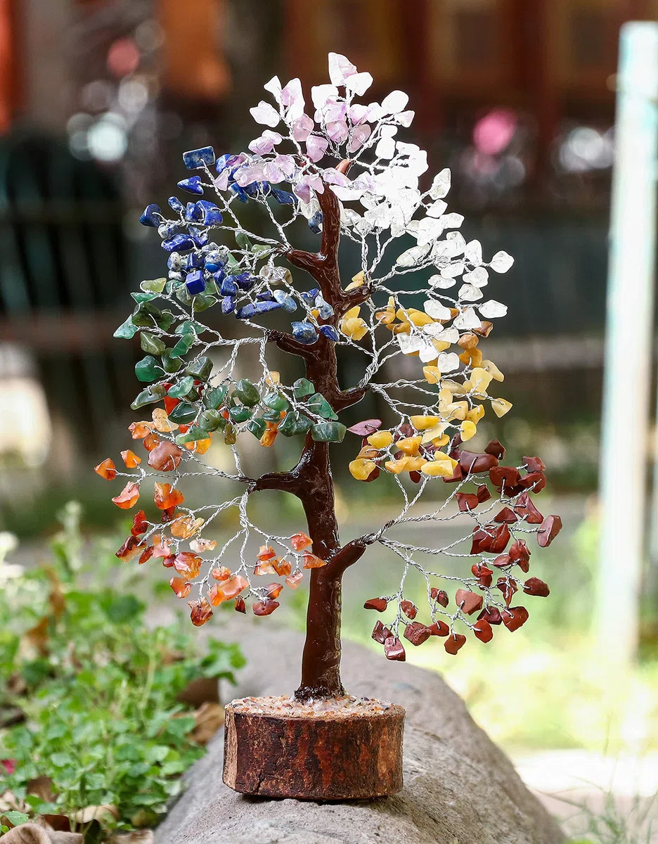 FASHIONZAADI Seven Chakra Gemstone Crystal Tree - Feng Shui Bonsai Money Natural Healing Crystals Chakras Reiki Stones Good Luck Home Decoration Gift Office Décor Size 10-12 inch (Silver Wire)