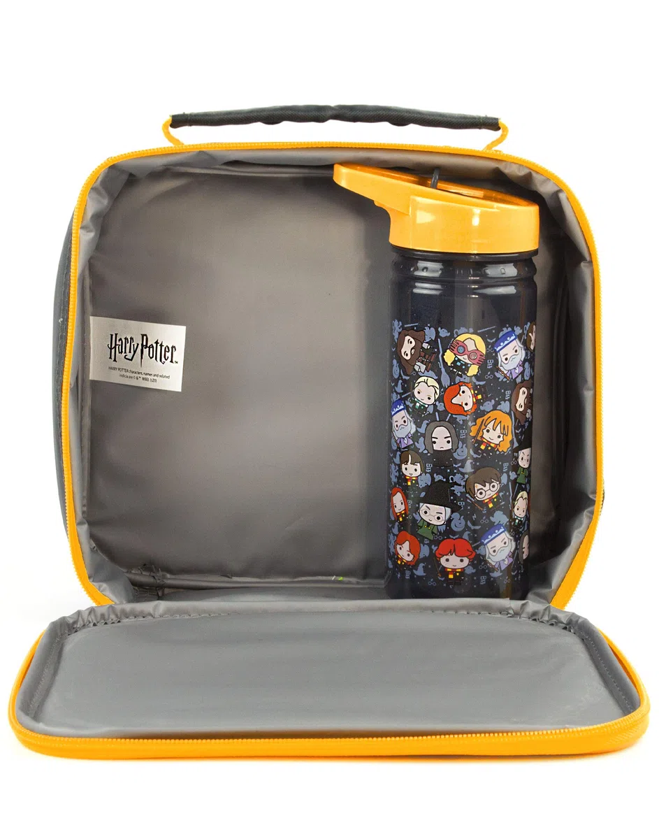 Harry Potter Lunch Bag e Bottle Set | Harry, Ron, Hermione Chibi Character Adventure | Porta cibo per bambini con bottiglia d'acqua | Borsa isolante mantiene il cibo fresco