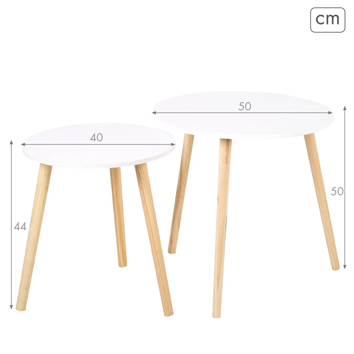 AKTIVE Max Home Set di 2 tavolini, D50xH50 cm e D40xH44 cm, Portata massima 5kg, Nido, Bianco, Gambe in legno naturale, Per soggiorno, Sala da pranzo, Ufficio (18510)