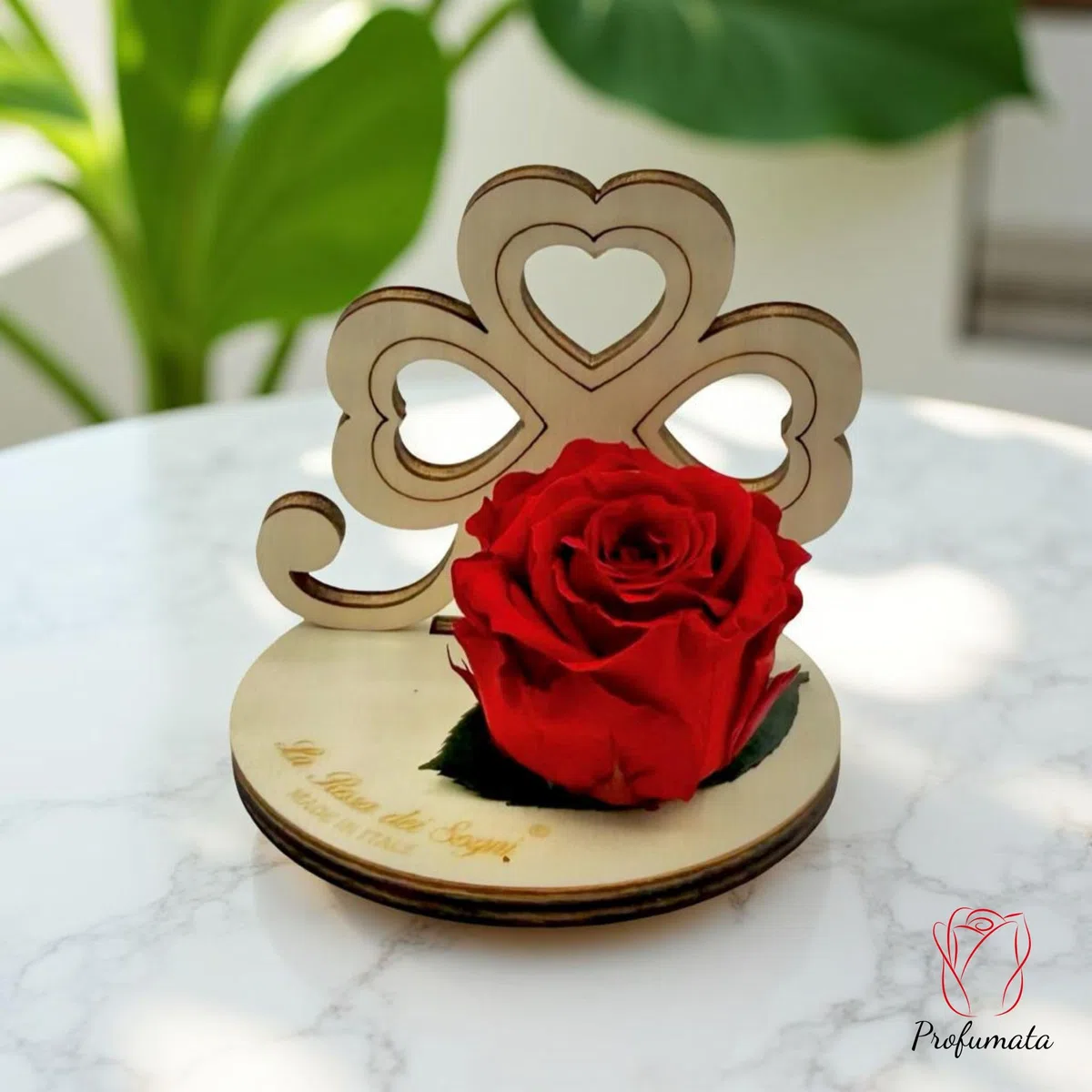 Rosa Stabilizzata con Quadrifoglio in Legno Intaglio Laser – Fiore Naturale a Lunga Durata - Made in Italy (Rosa)