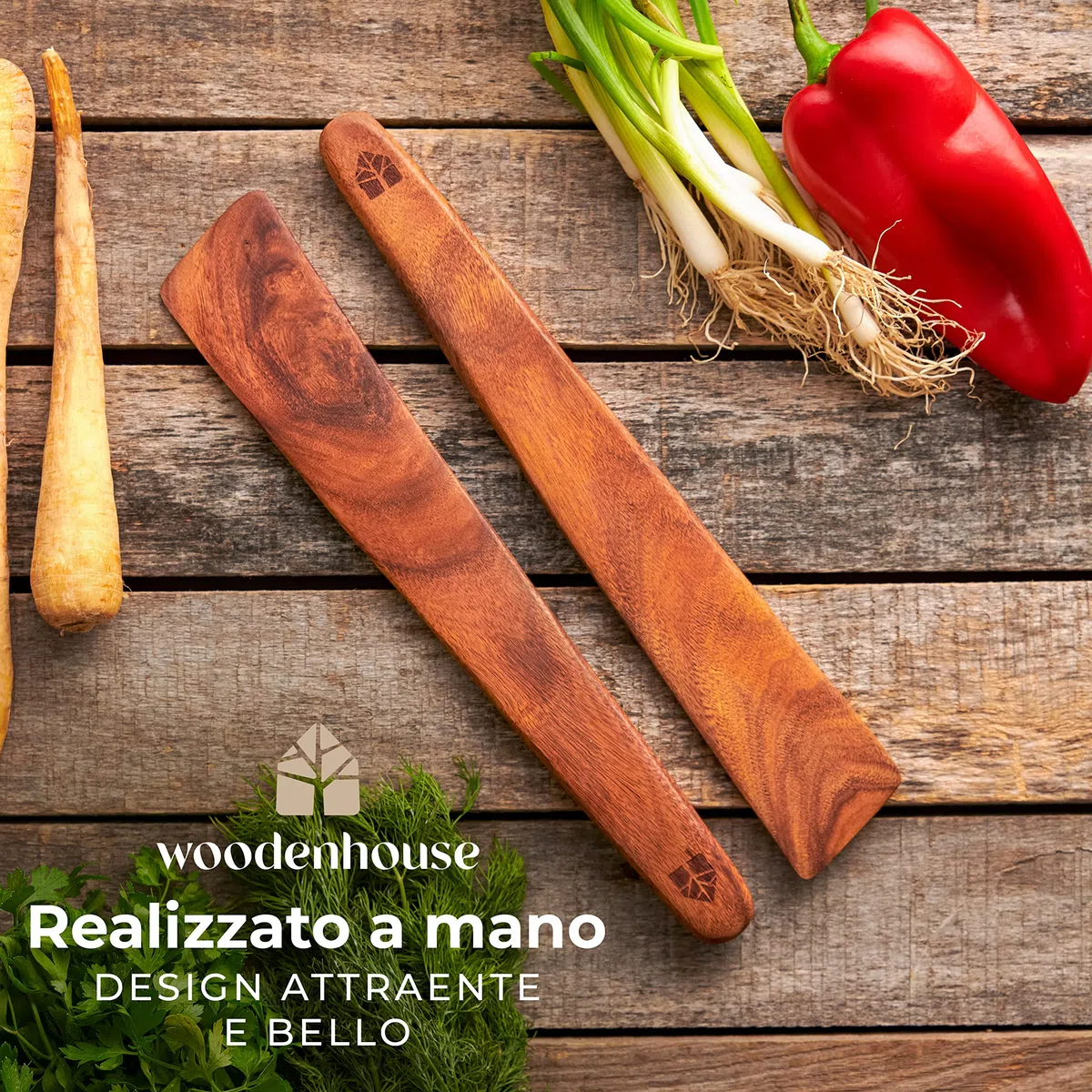 Set Utensili Cucina Legno, Spatole da Cucina, Attrezzi Multiuso per Girare, Spalmare e Raschiare Alimenti, Antigraffio, Ideali per Ghisa, 2 pezzi