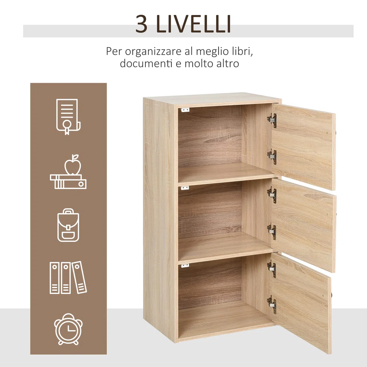 HOMCOM Mobiletto Multiuso con 3 Ripiani in Legno e 3 Antine per Casa, Camera, Soggiorno o Ufficio, 48x34x100cm